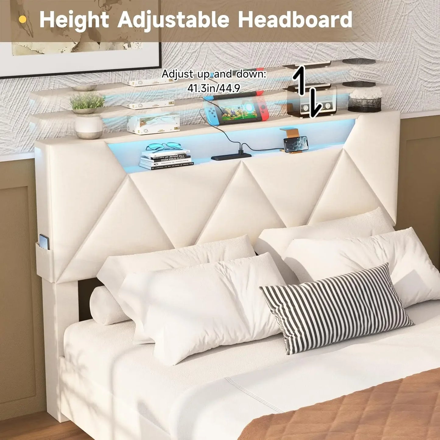 Vabches Upholstered Bed Frame With Storage And Drawers