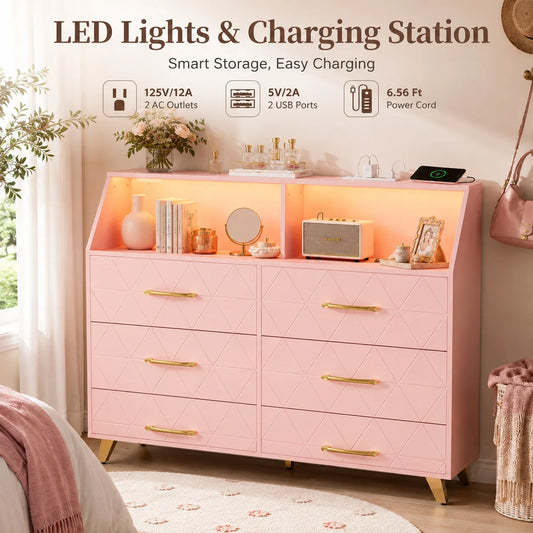 Modern Led Light Dresser With Charging Station Storage Cabinet
