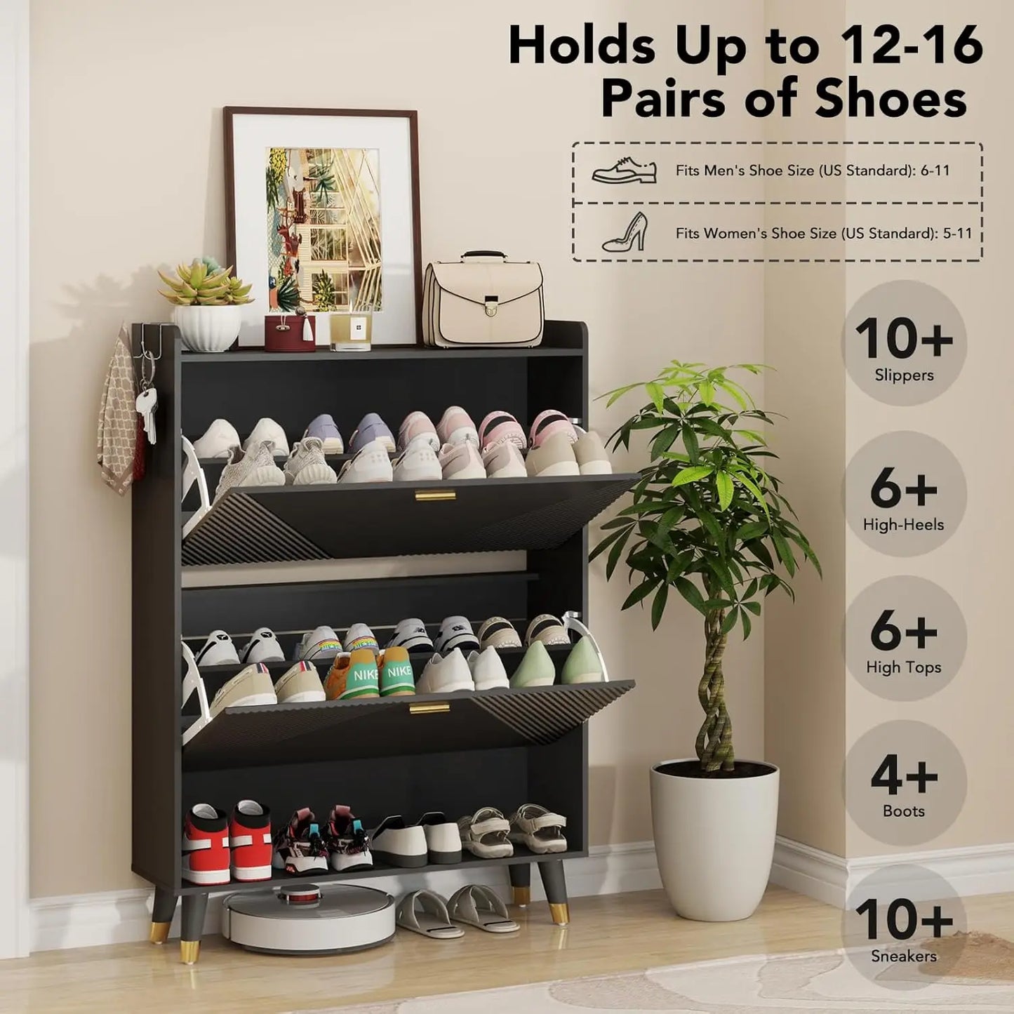 Shoe Cabinet for 24 Pairs Slim Freestanding Organizer with Flip Drawers and Hooks
