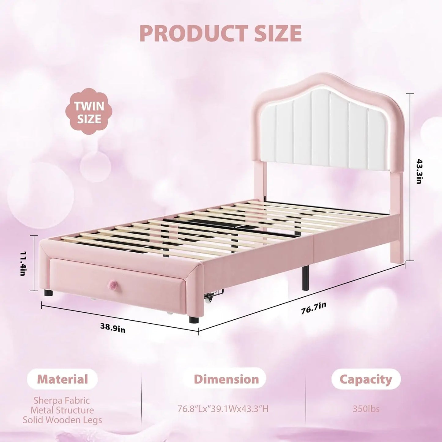 Studyset Kids Upholstered Bed Frame With LED Crown Headboard
