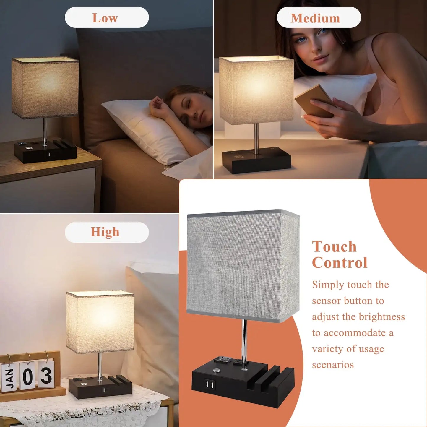 SZRSTH Bedside Table Lamp With Dual USB Charging Dimmable