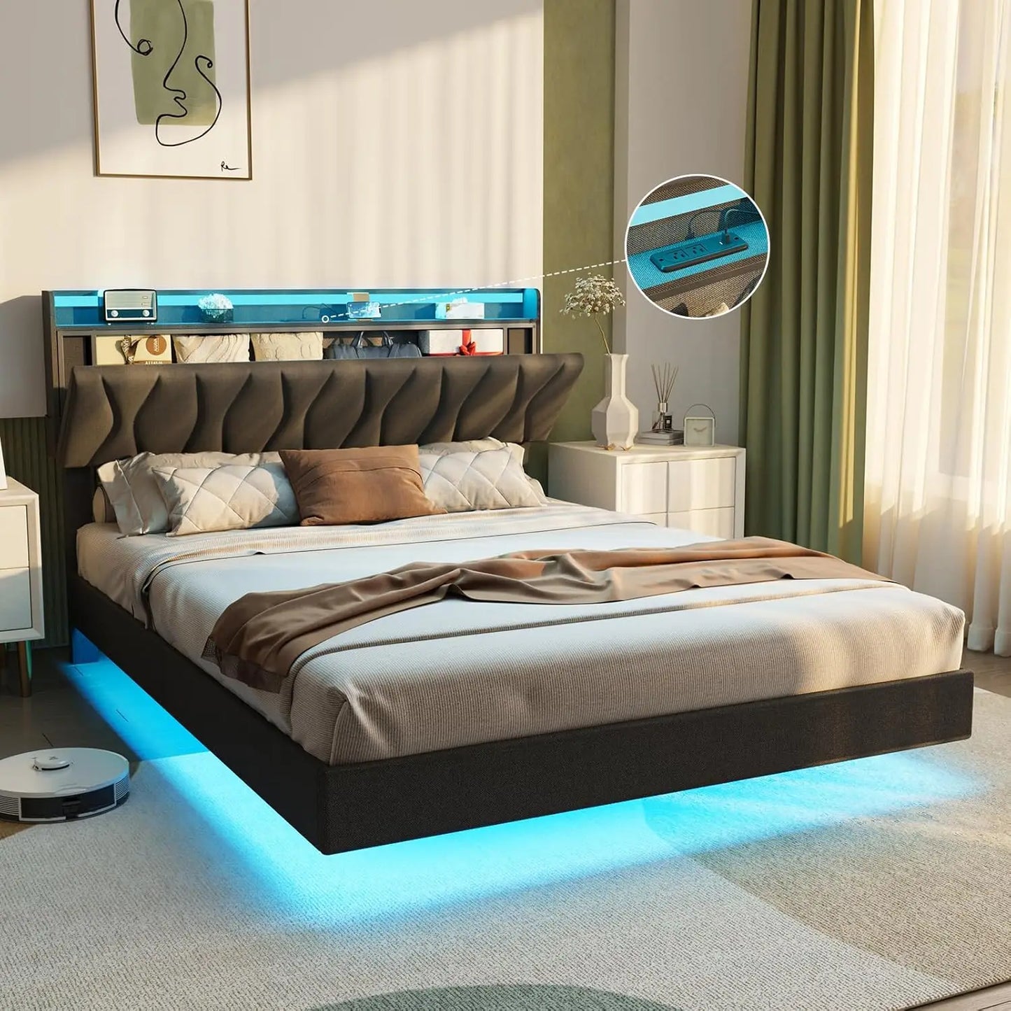 Guangbai Floating Bed Frame Storage Headboard Led Lights
