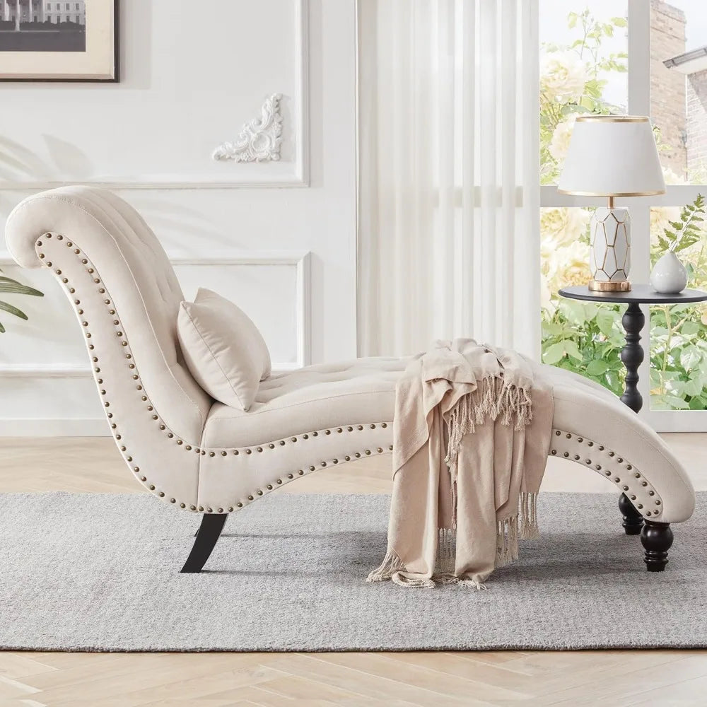 Tufted Soft Chaise Lounge Chair for Bedroom and Living Room in Beige Linen