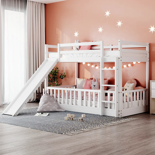 Contemporary Solid Wood Bunk Bed Attached Slide Platform Design