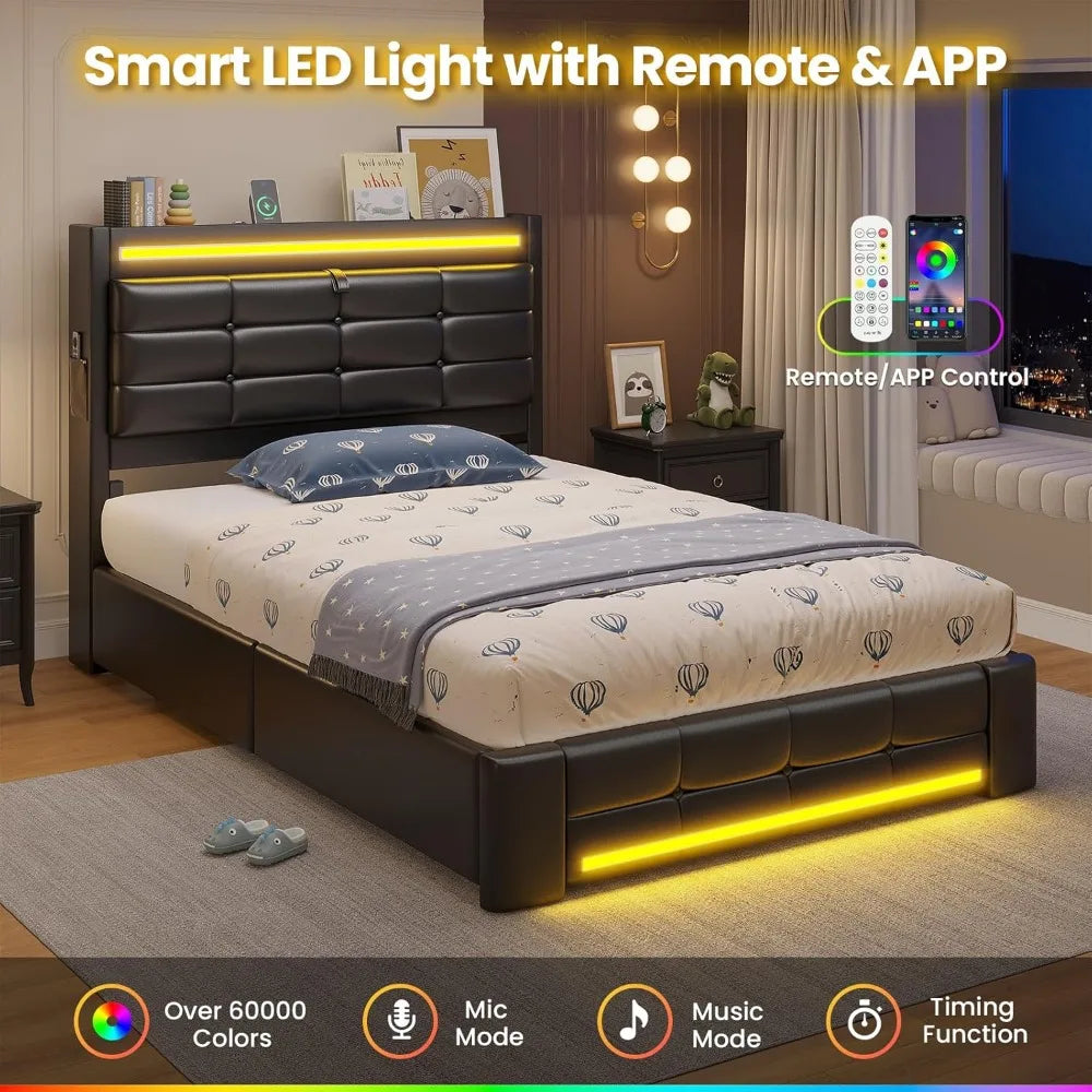 Adorneve Twin Bed Frame With Storage Headboard LED Charging