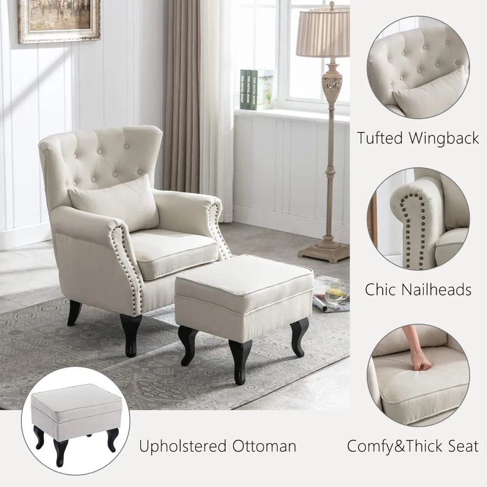 General Chair With Ottoman Wingback Tufted Linen Armchair