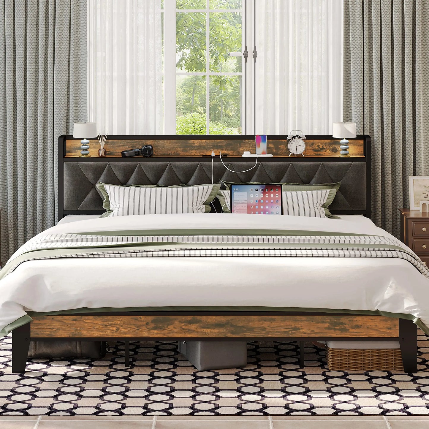 ANCTOR Storage Headboard Bed Frame With Outlets No Box Springs Needed