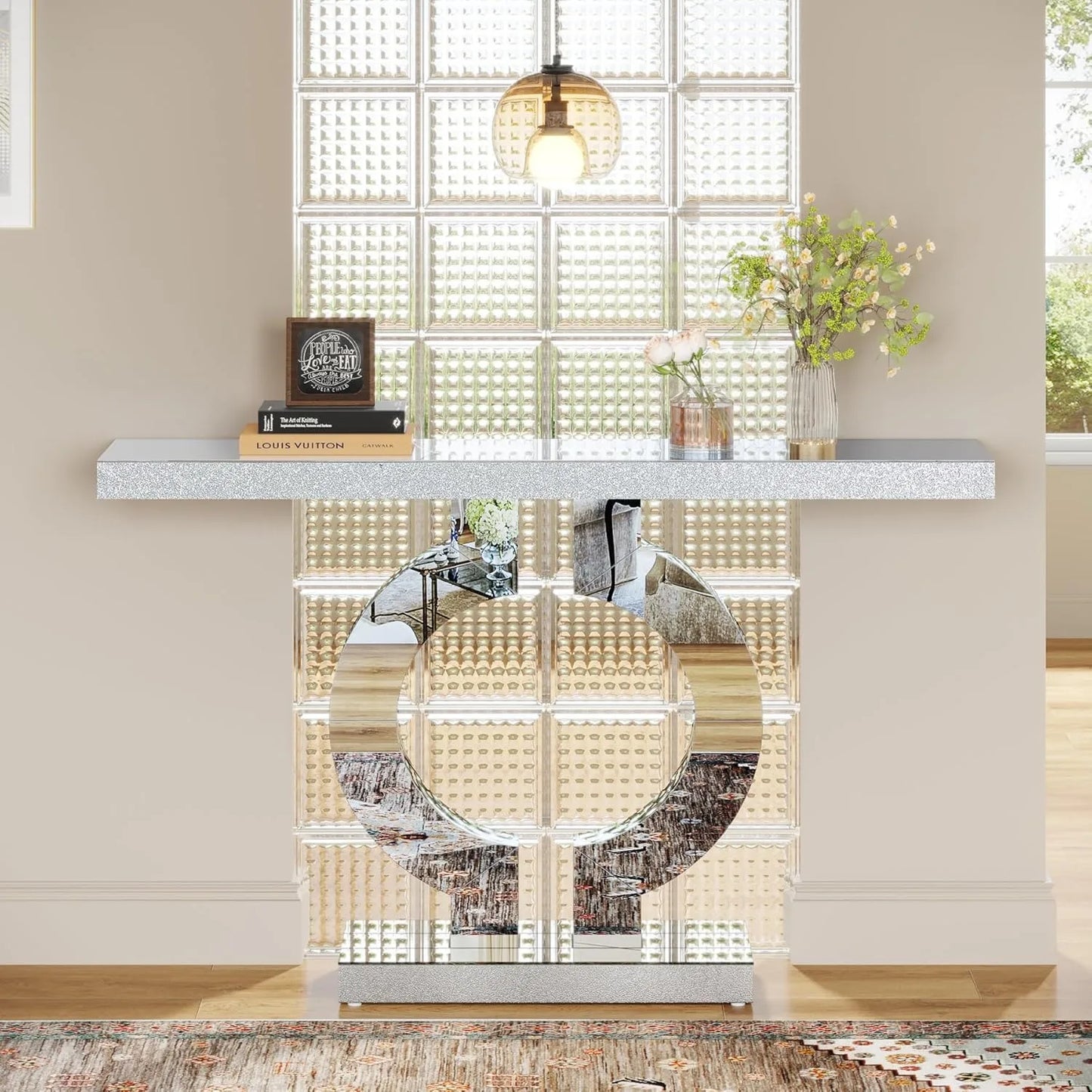 Modern Mirrored Console Table with O-Shaped Base for Entryway or Living Room