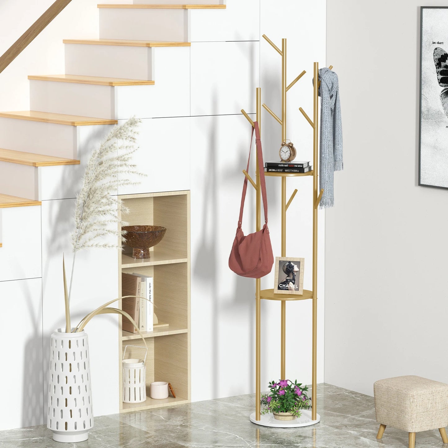 Marble Metal Coat Rack Freestanding with 3 Shelves and 9 Hooks for Entryway