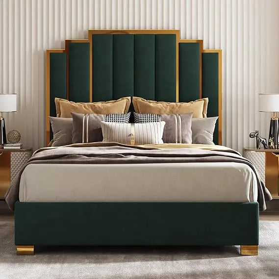 Ticify Upholstered Bed With Tall Headboard And Trim