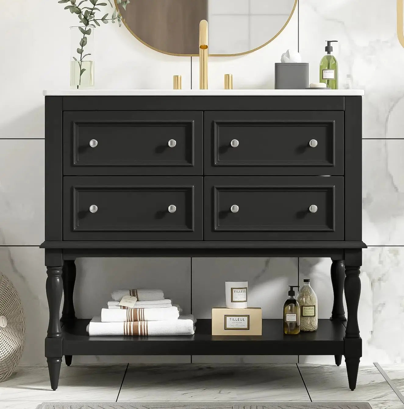 Bathroom Vanity Single Sink Freestanding Cabinet With 4 Drawers Open Shelf