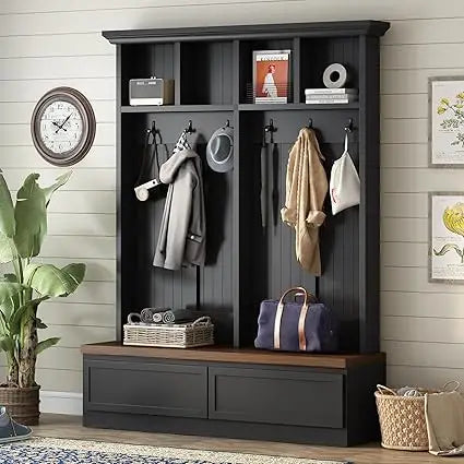 58.8 Inch Wide Hall Tree with Bench Coat Rack Hooks Drawers and Adjustable Shelves