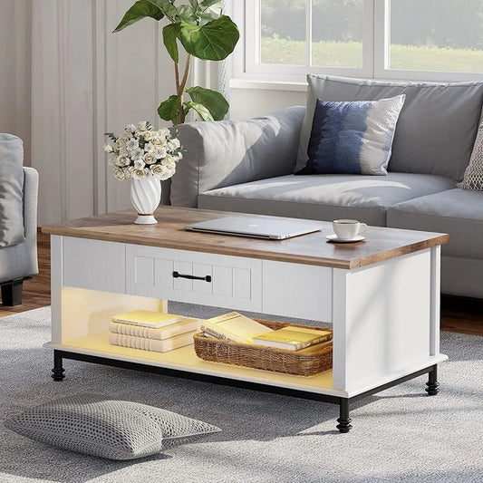 Farmhouse Coffee Table with Yellow LED Lights and Storage for Living Room