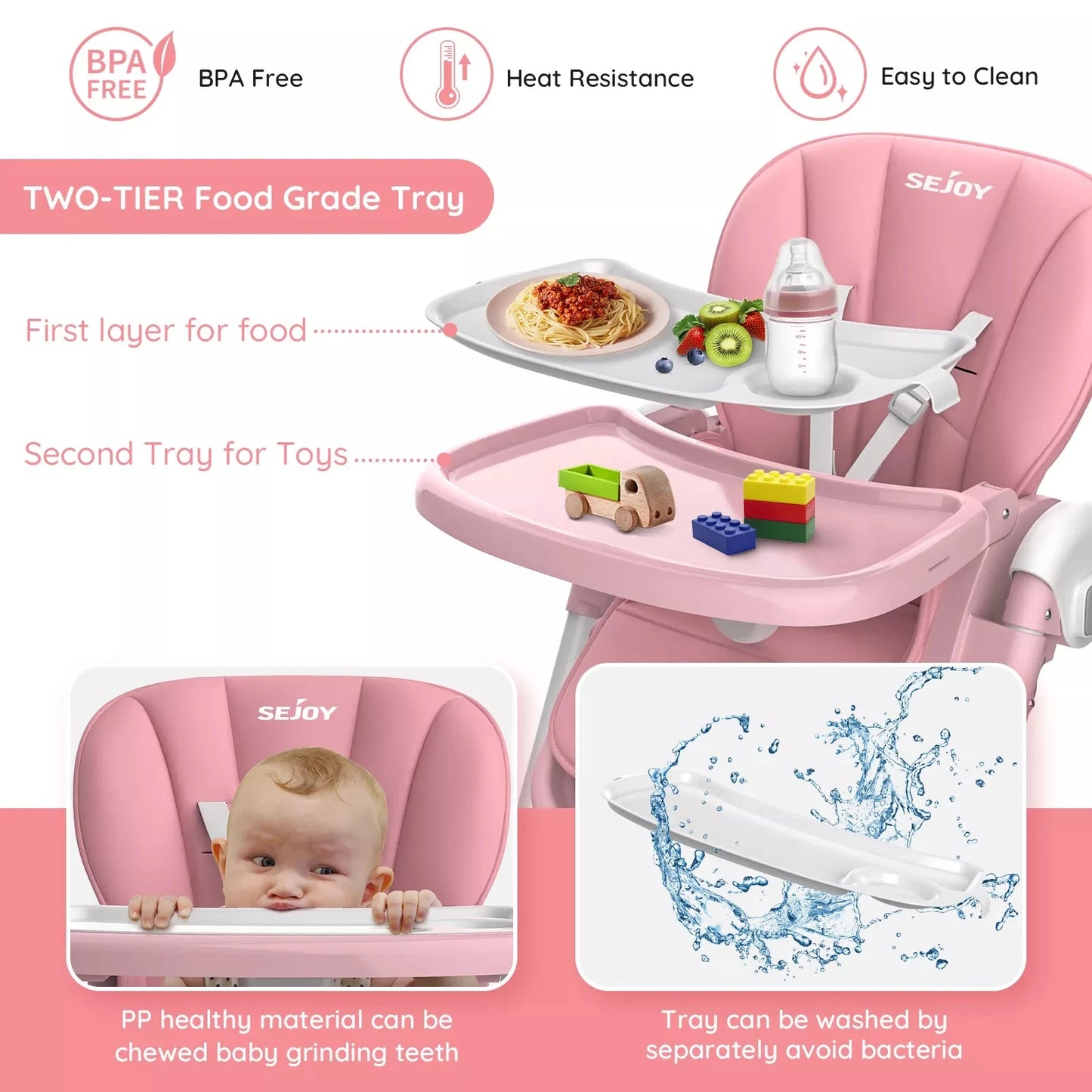 Sejoy Baby High Chair Foldable With Adjustable Tray