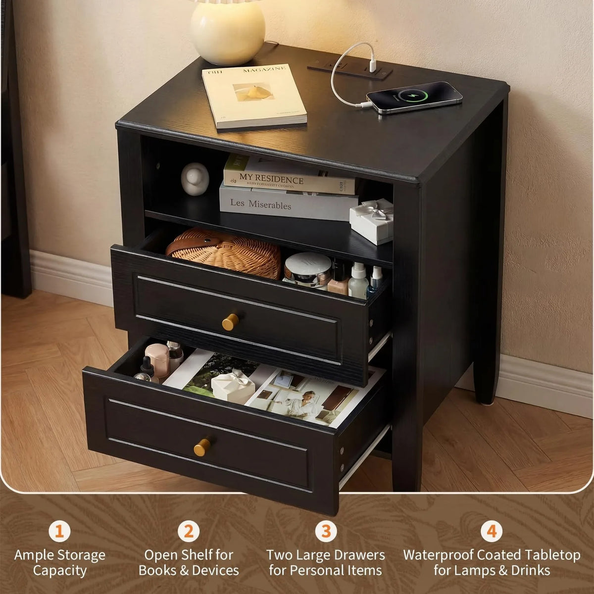 Modern Wooden Nightstand With Charging Station Open Shelf