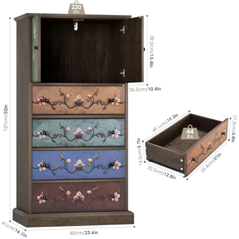 50 Inch Tall Boho Vintage Dresser with 4 Drawers and 2 Doors for Home Storage