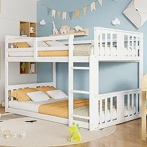 Low Bunk Beds Twin XL Over Queen with Ladder and Guardrail for Kids