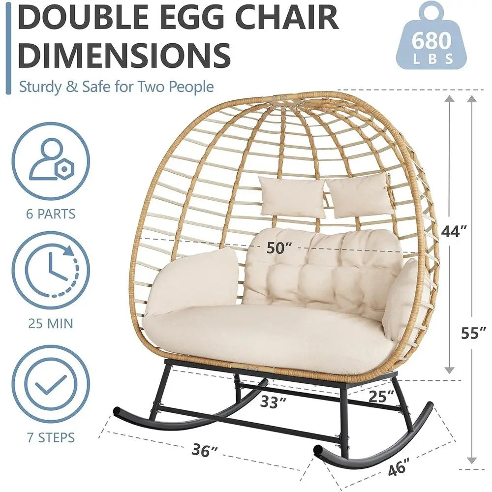 Double Wicker Egg Rocking Chair Outdoor Lounge Patio