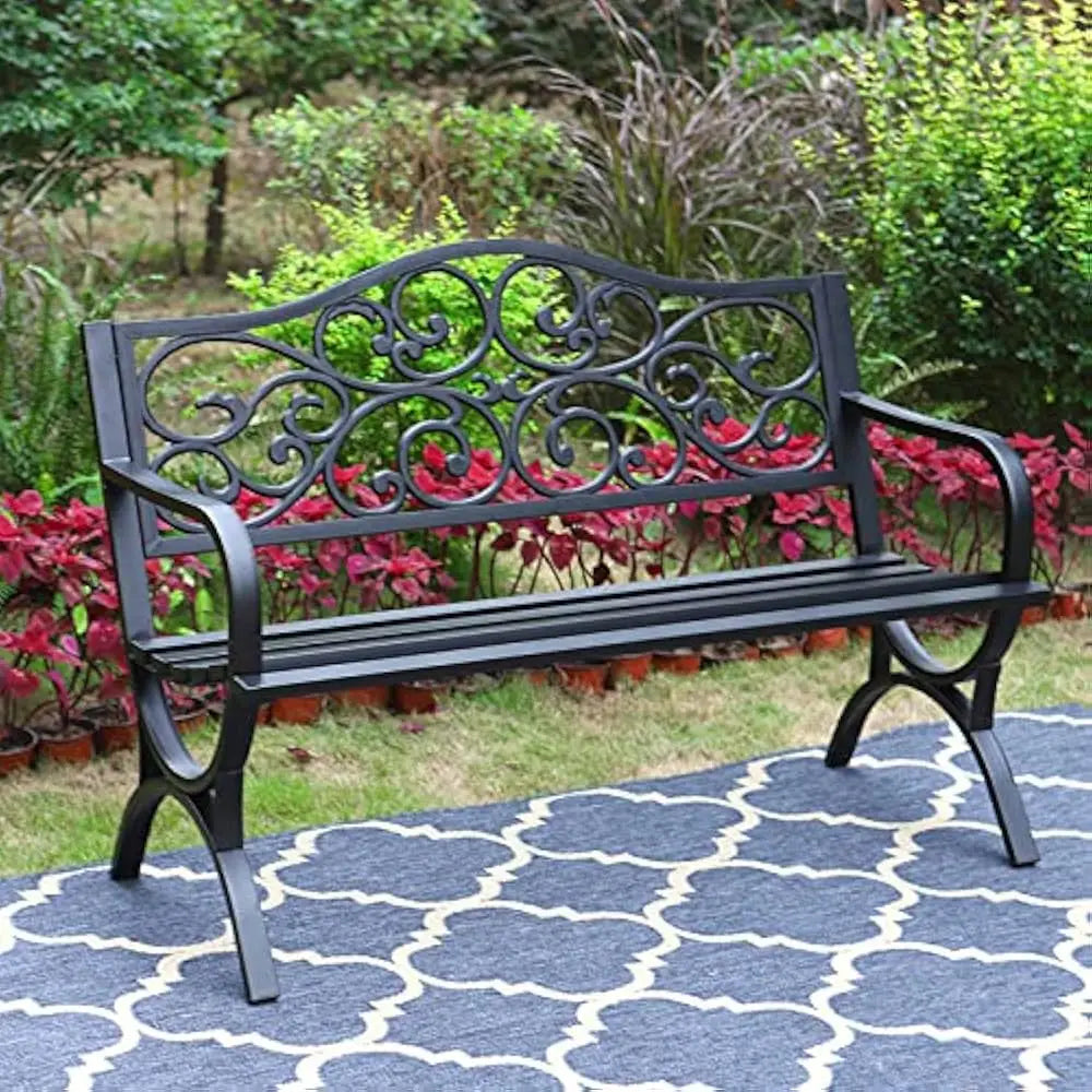 Outdoor Cast Iron Bench With Floral Backrest Arch Legs