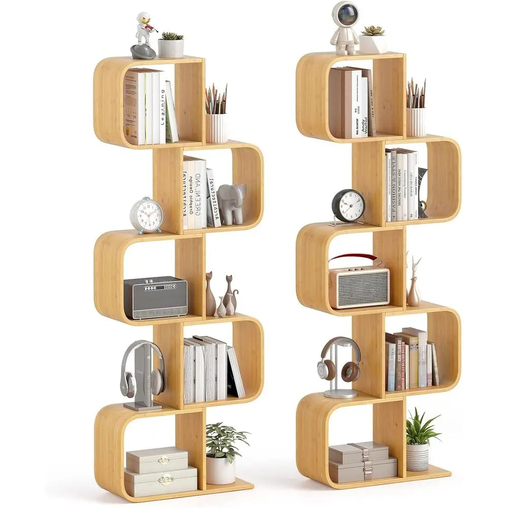 Five Tier Bamboo S Shaped Bookshelf With Open Cubes