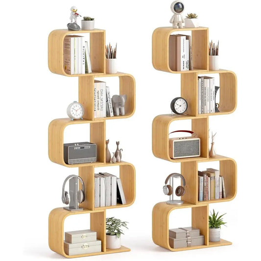 Five Tier Bamboo S Shaped Bookshelf With Open Cubes