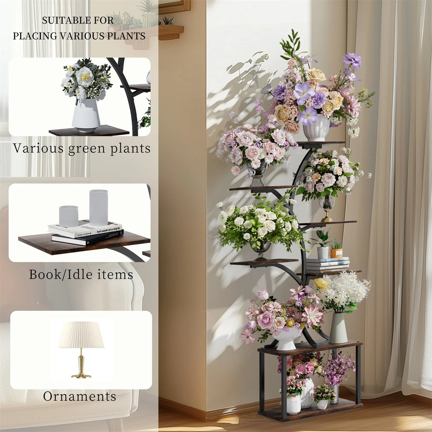 Metal 7 Tier Tree Shaped Plant Stand With Lights For Patio And Living Room