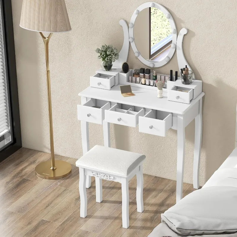 Hign-concerned Vanity Set With 10 Led Bulbs Mirror Stool