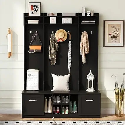58.8 Inch Wide Hall Tree with Bench Coat Rack Hooks Drawers and Adjustable Shelves
