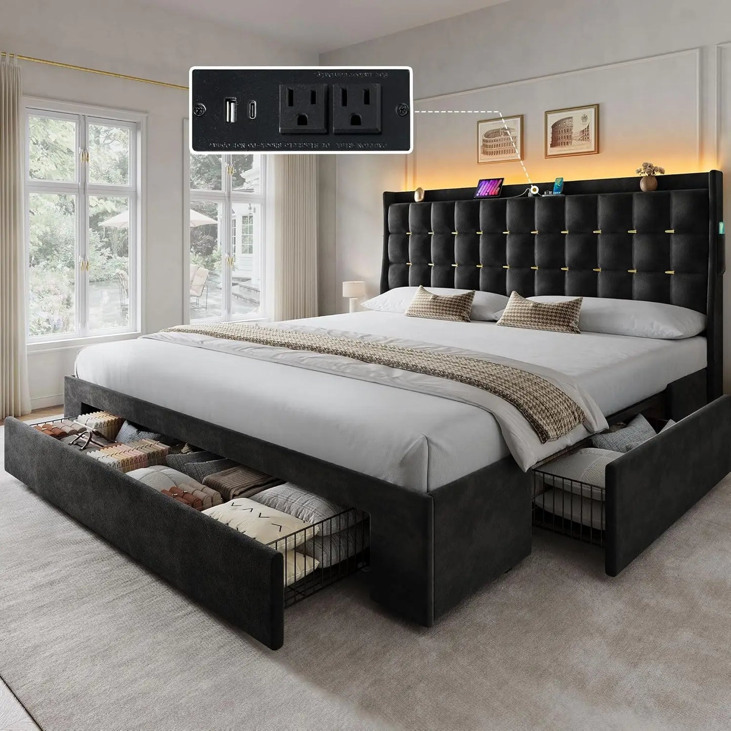 XIAOLANG Platform Bed Frame With Storage Drawers And LED