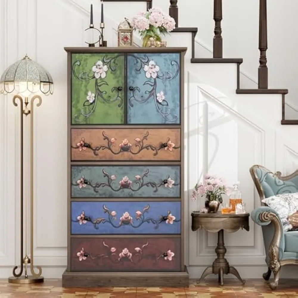 50 Inch Tall Boho Vintage Dresser with 4 Drawers and 2 Doors for Home Storage