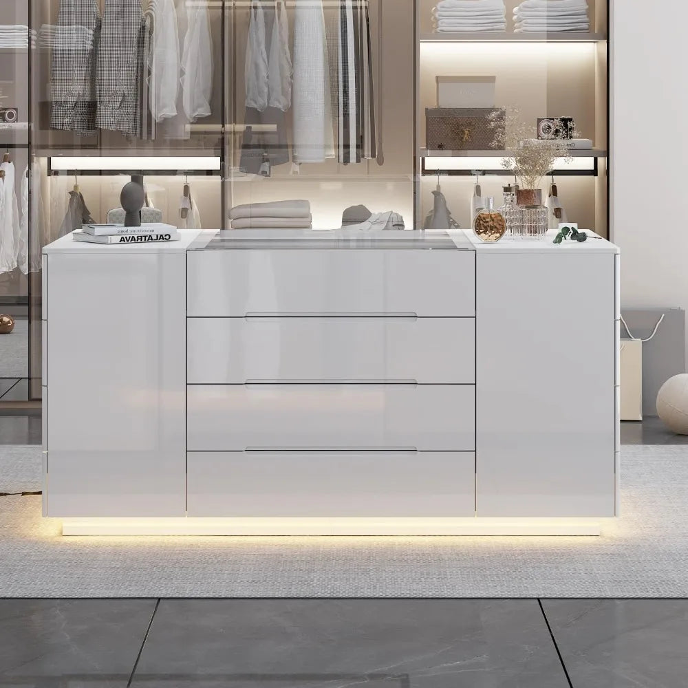 MKDK LED Illuminated Glass Top Bedroom Armoire 16 Drawers