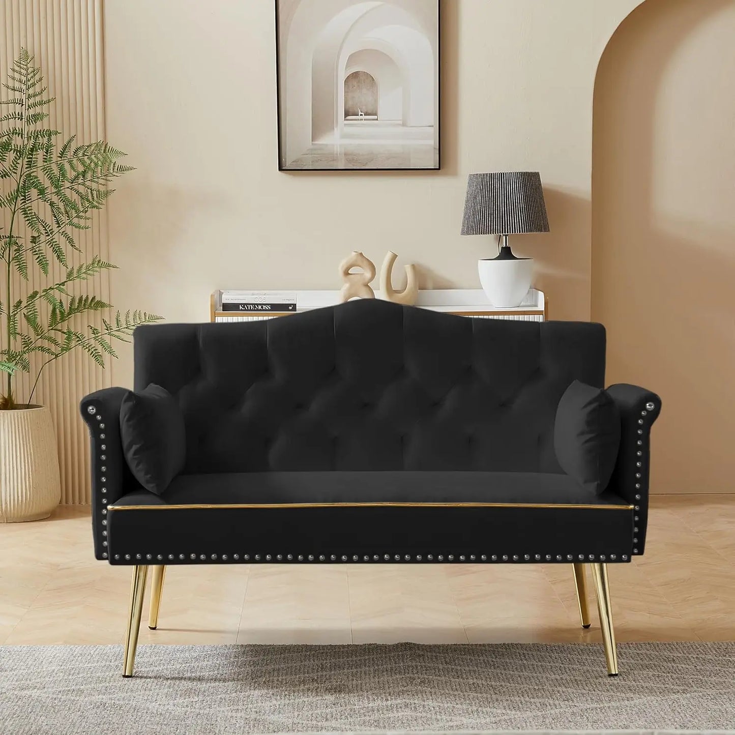 Velvet Loveseat With Gold Metal Legs And Tufted Back