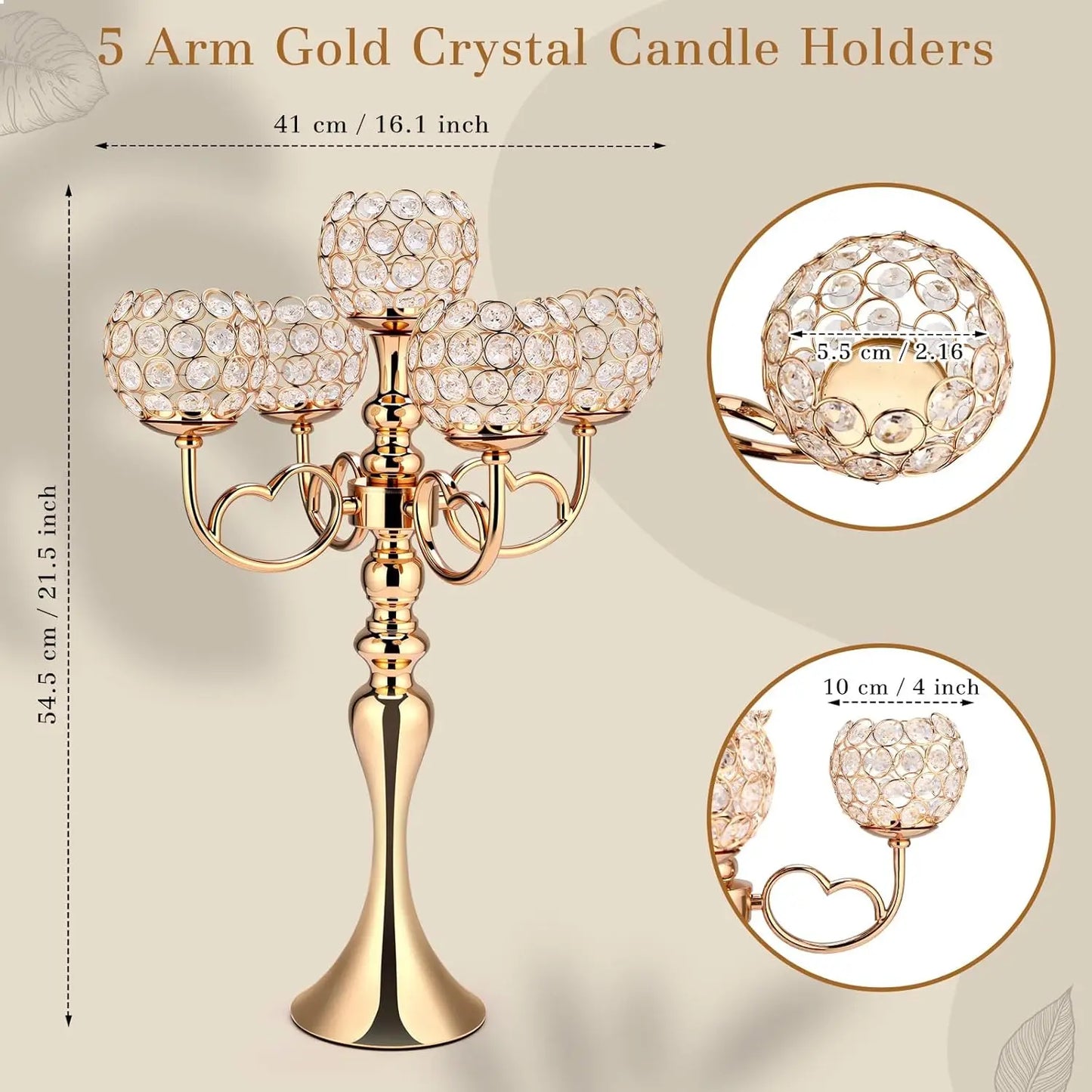 5-Arm Crystal Tealight Candle Stand Heart Shape Wedding Centerpiece