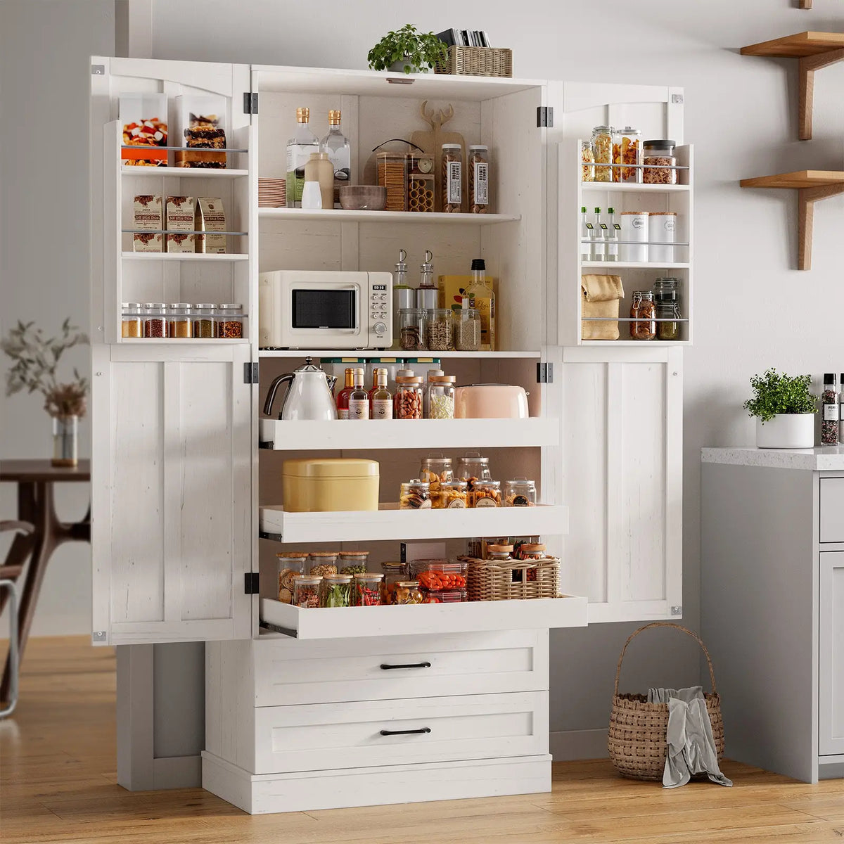 Onbrill Kitchen Pantry Cabinet With Wooden Storage Shelves