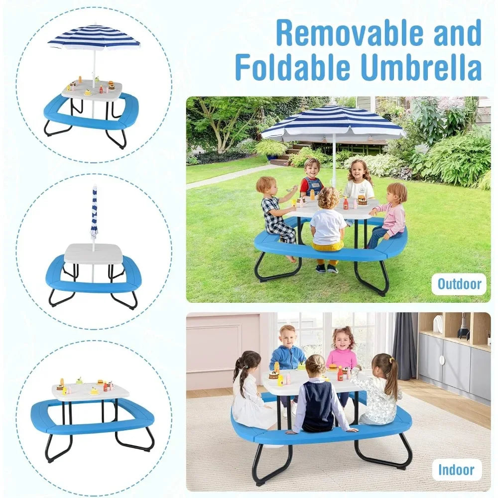 ANGDUO Kids Picnic Table Outdoor Table and Chair Set with Removable Umbrella and Metal Frame