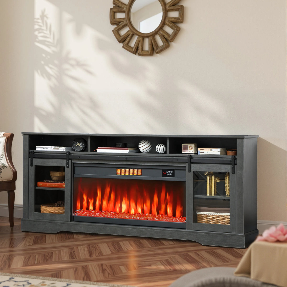 HOMCOM Modern TV Stand Electric Fireplace And Storage Cabinets