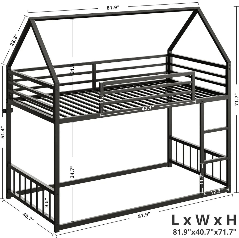 House Shape Metal Bunk Bed With Ladder And Guardrail