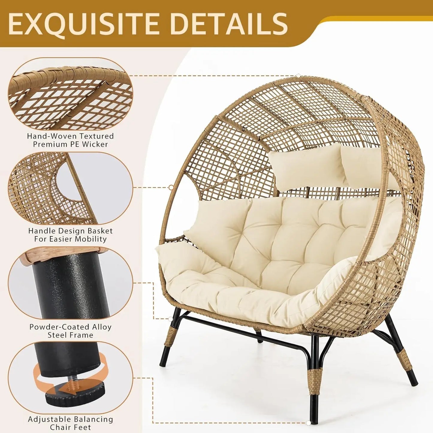 XMSJ Double Egg Chair Indoor Outdoor Weatherproof Cushioned Loveseat