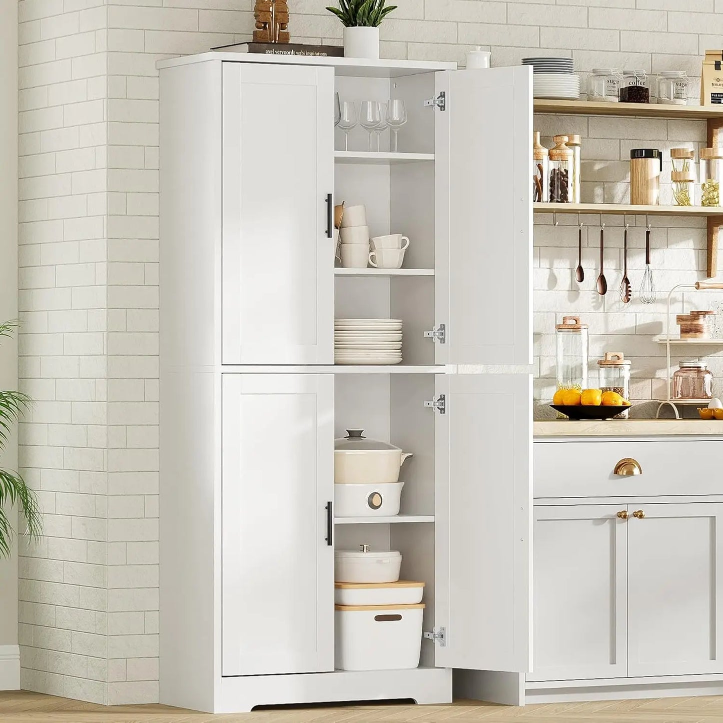 Studyset Freestanding Kitchen Pantry Cabinet Four Doors Adjustable Shelves