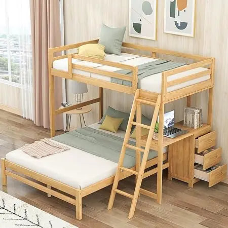 MKDK Solid Wood Bunk Bed With Desk And Storage System