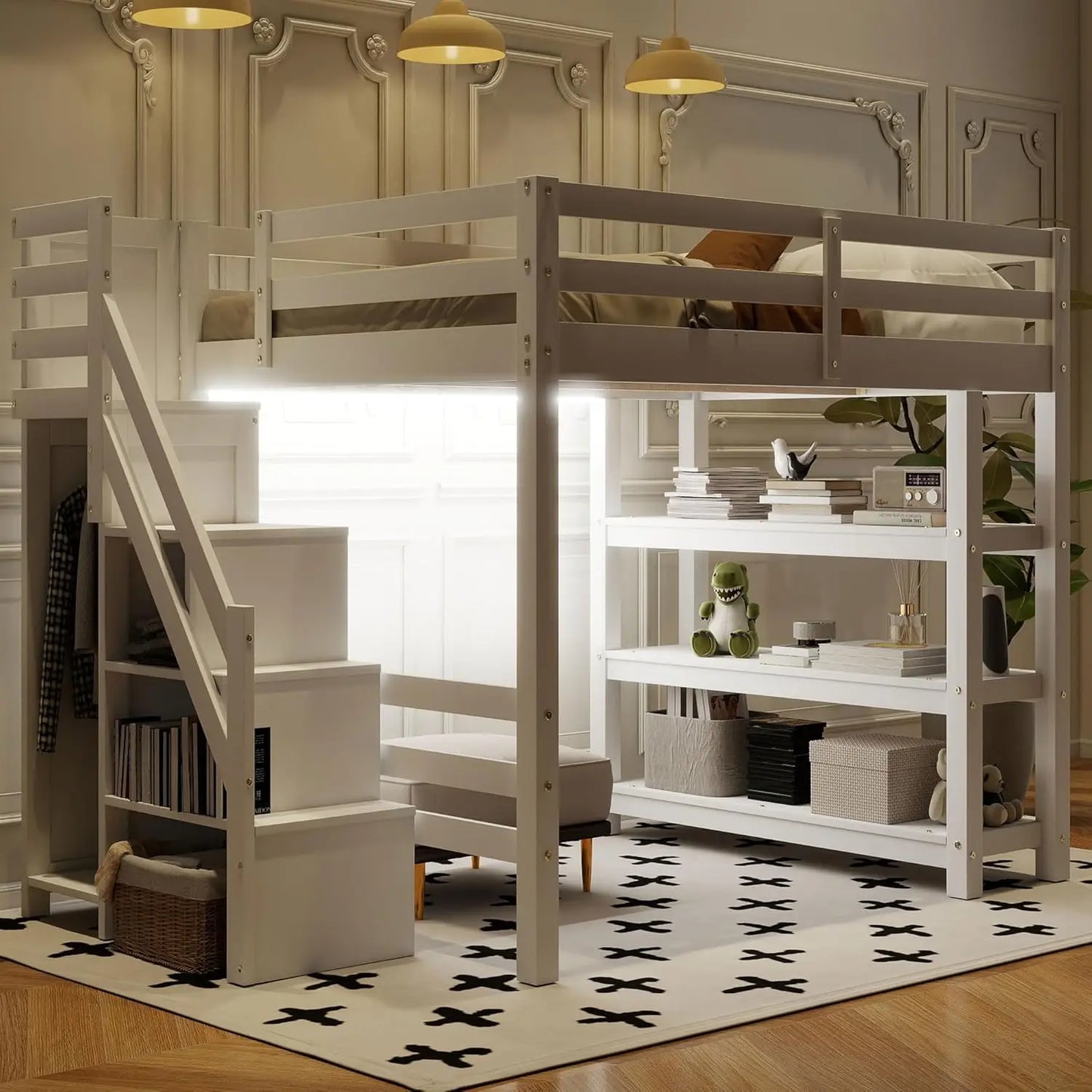 Wood Gaming Loft Bed With Desk Storage LED ChargingStation