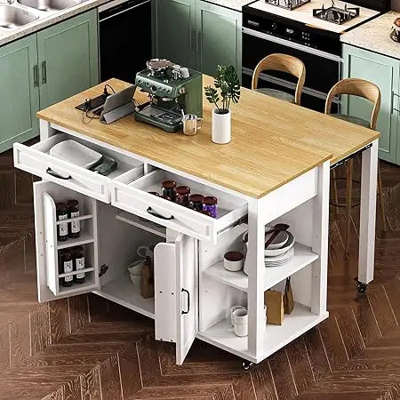 DAFIFY Kitchen Island on Wheels Extendable Table Power Outlet