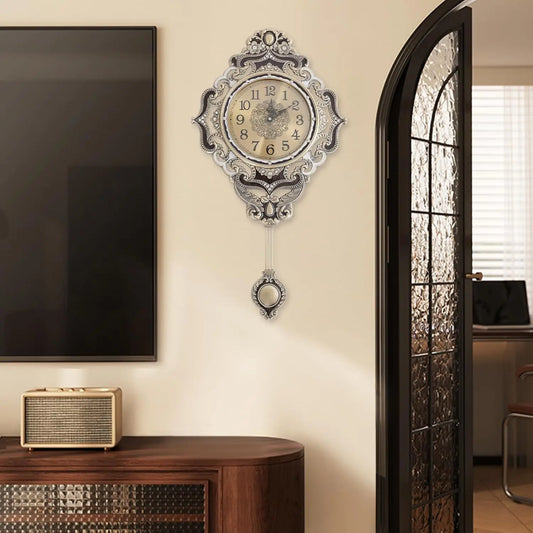 Classic European Style Metal Wall Clock With Swinging Pendulum