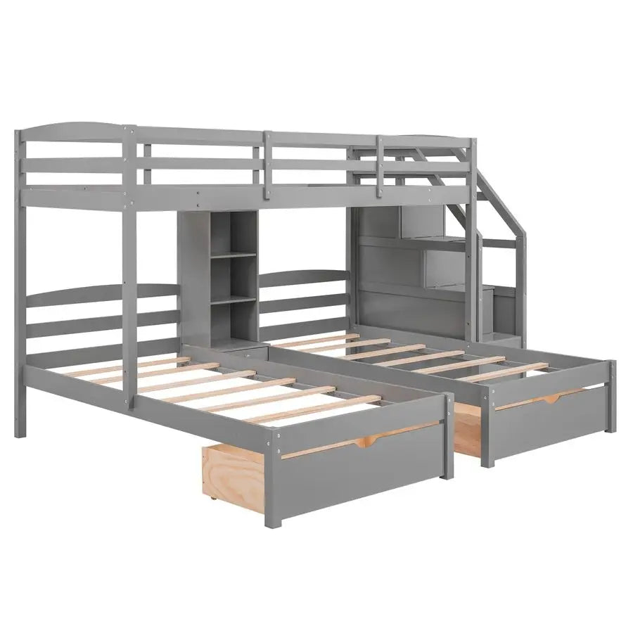MBVM Triple Bunk Beds With Stairs And Storage Drawers For 3 Kids
