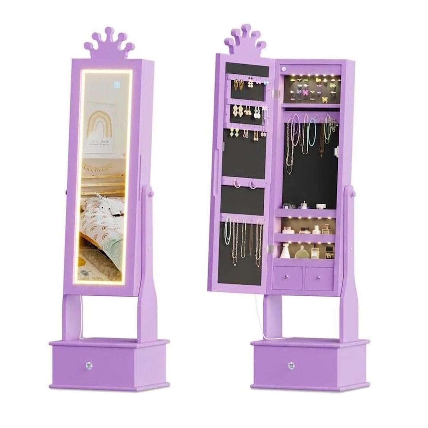 HiMISS Kids Jewelry Armoire With LED Mirror Lockable Drawers