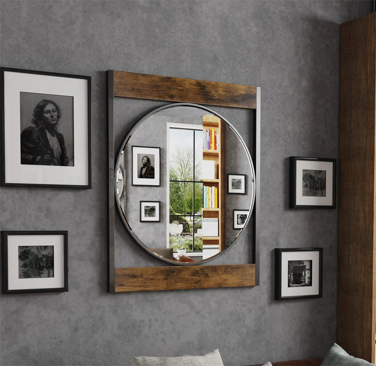 Industrial Metal Wood Frame Wall Mounted Decorative Mirror