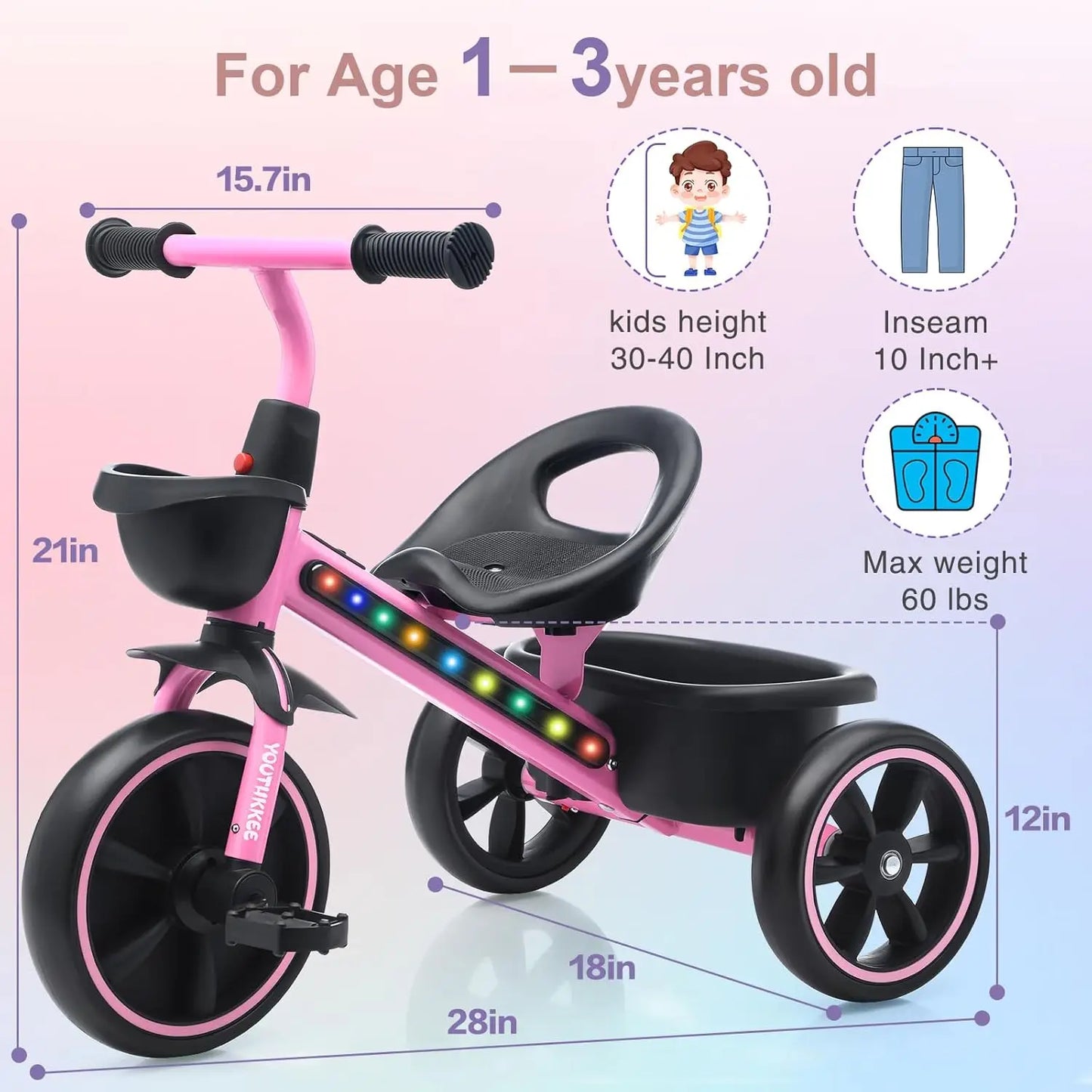Kids Tricycle with LED Lights for Toddlers Three-Wheel Design