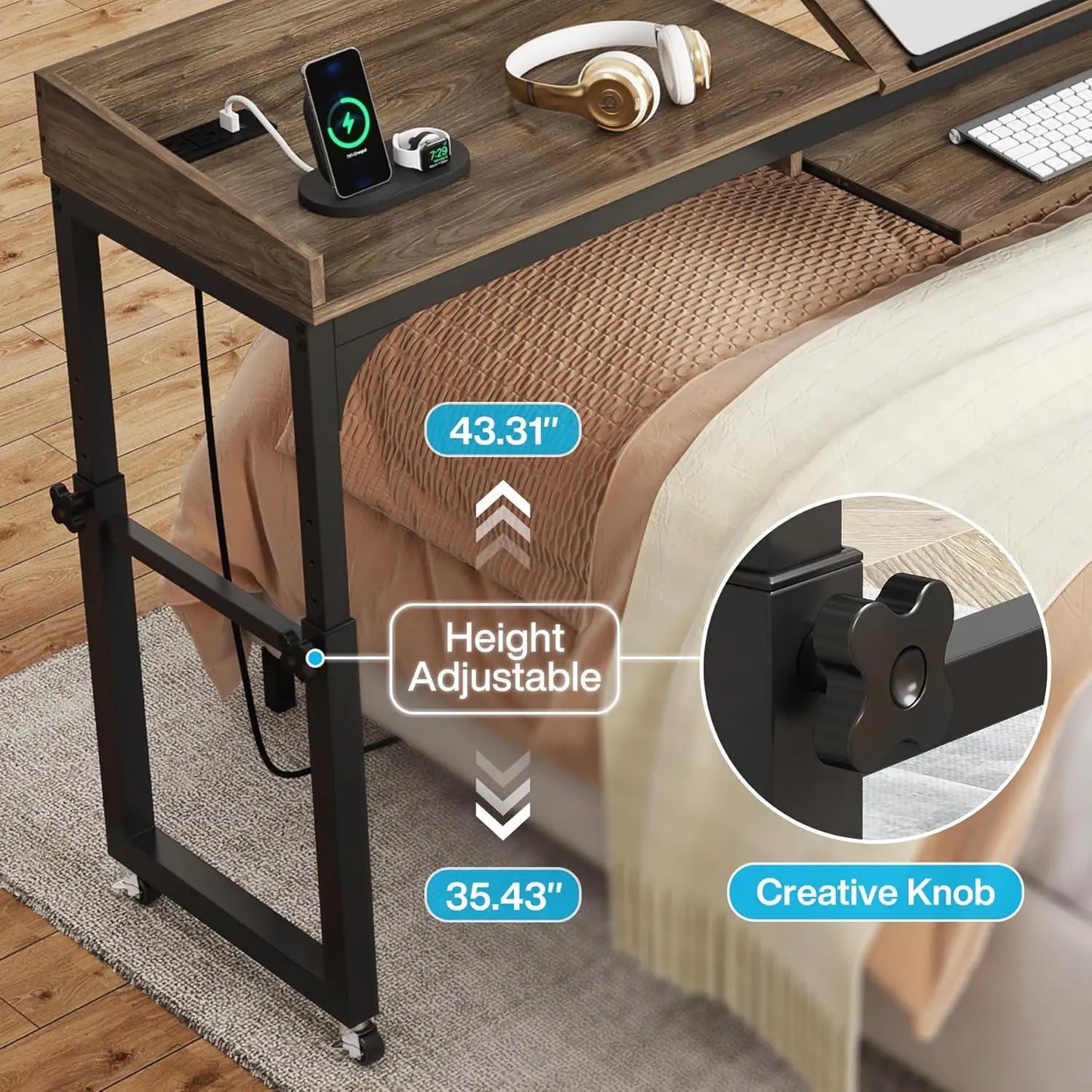 LITTLE TREE Height Adjustable Overbed Table With Wheels