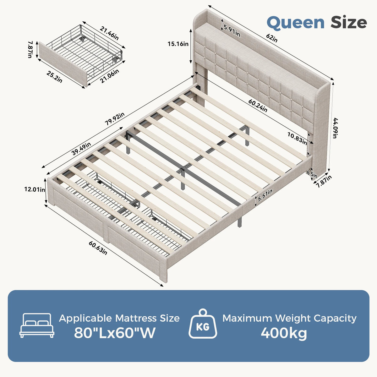 MCQ Upholstered Platform Bed Frame With Storage Drawers