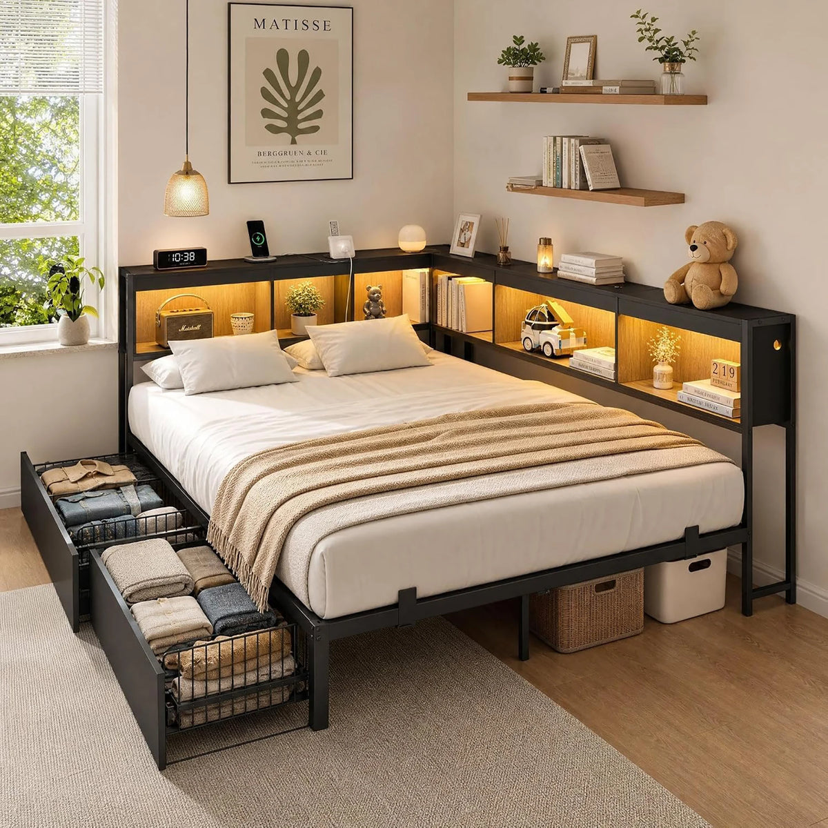 HiMISS Corner Bed Frame Bookcase Headboard And LED Lights